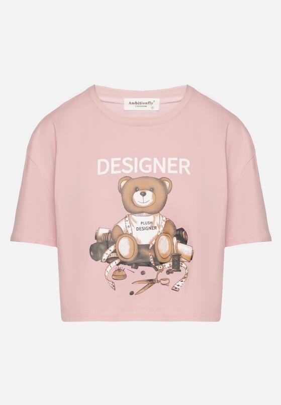 Różowy Bawełniany T-shirt o Krótkim Kroju z Misiem Elanorel 6