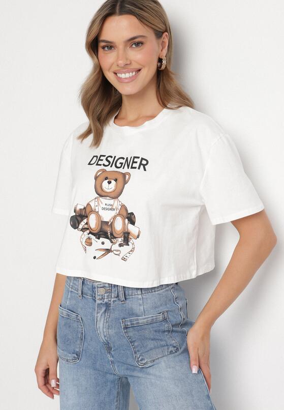 Biały Bawełniany T-shirt o Krótkim Kroju z Misiem Elanorel 1