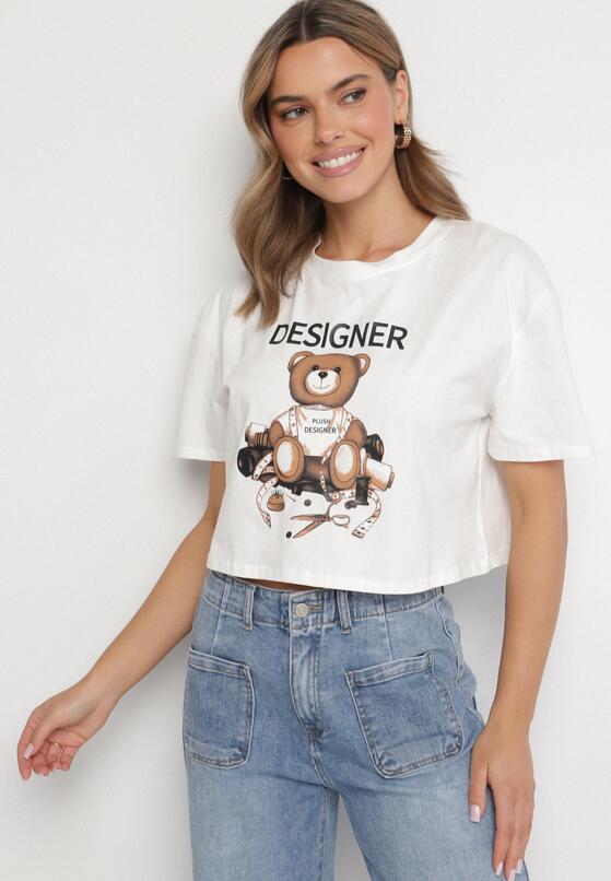Biały Bawełniany T-shirt o Krótkim Kroju z Misiem Elanorel 2
