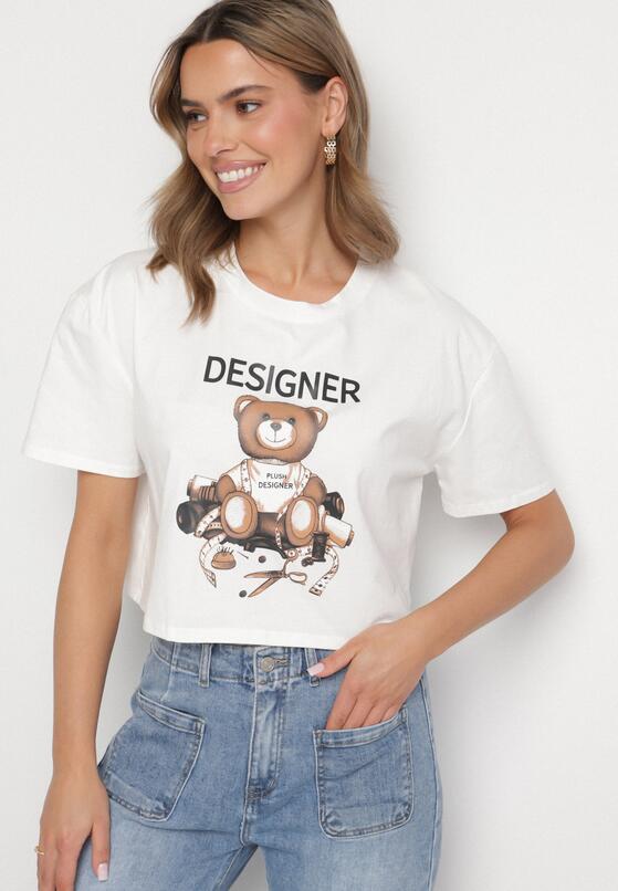 Biały Bawełniany T-shirt o Krótkim Kroju z Misiem Elanorel 4