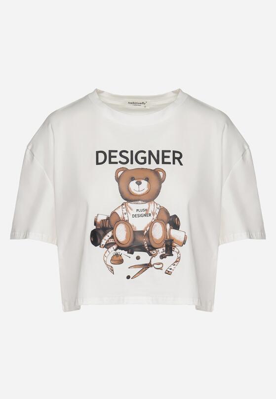 Biały Bawełniany T-shirt o Krótkim Kroju z Misiem Elanorel 6