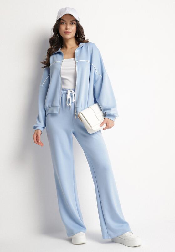 Niebieski Komplet Dresowy z Wiskozą w Stylu Retro Bluza i Szerokie Spodnie Lavriz 1