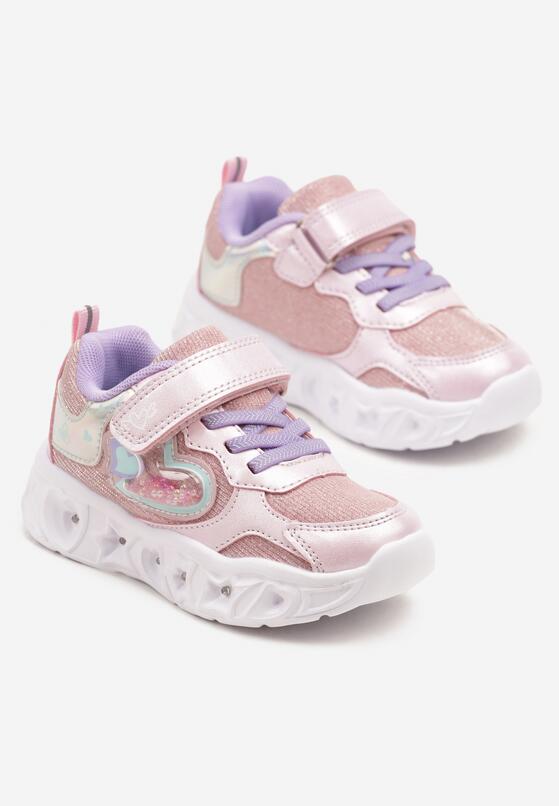 Różowe Brokatowe Buty Sportowe Sneakersy z Lampkami LED i Sercami Pollevi 2