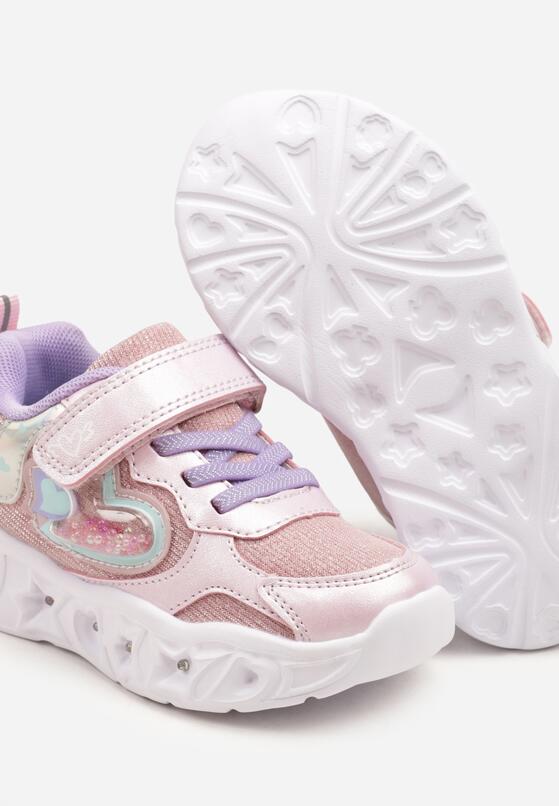 Różowe Brokatowe Buty Sportowe Sneakersy z Lampkami LED i Sercami Pollevi 3