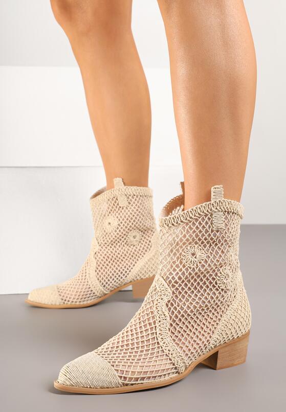 Jasnobeżowe Ażurowe Botki w Stylu Kowbojek na Stożku ze Skórzaną Wkładką Xalozi 2