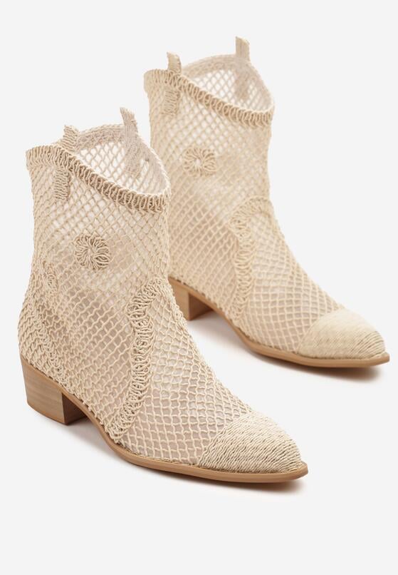 Jasnobeżowe Ażurowe Botki w Stylu Kowbojek na Stożku ze Skórzaną Wkładką Xalozi 5