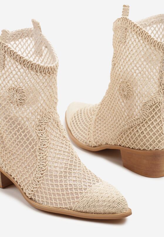 Jasnobeżowe Ażurowe Botki w Stylu Kowbojek na Stożku ze Skórzaną Wkładką Xalozi 6