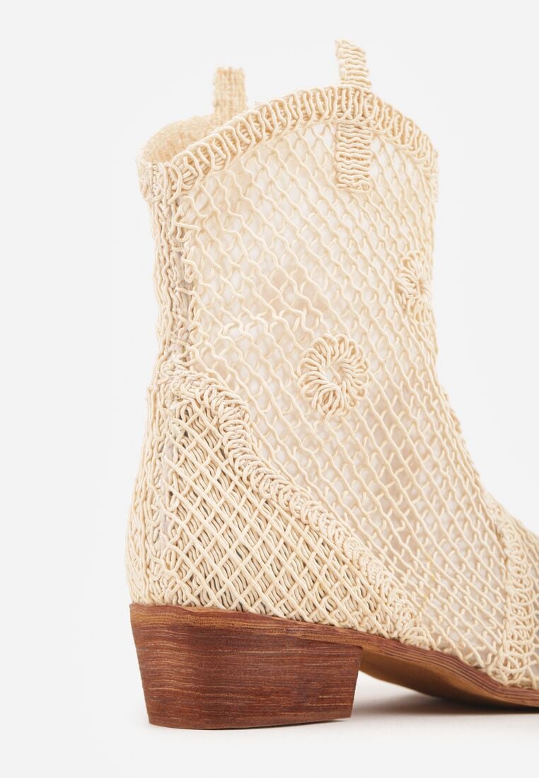 Jasnobeżowe Ażurowe Botki w Stylu Kowbojek na Stożku ze Skórzaną Wkładką Xalozi 8