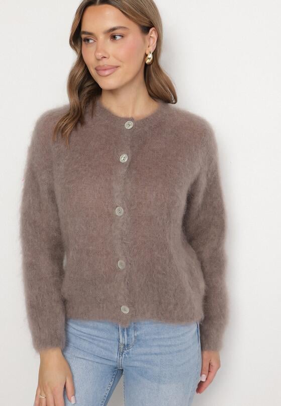 Beżowy Moherowy Kardigan o Klasycznym Kroju Korenno 1