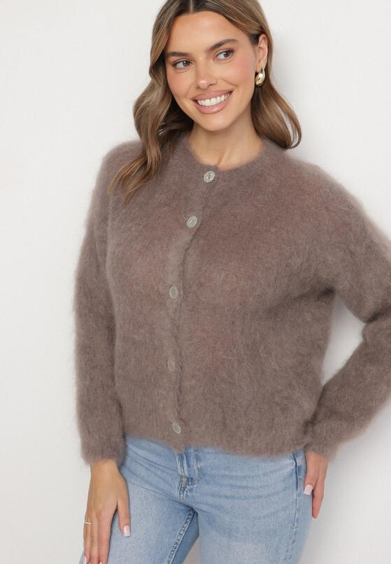 Beżowy Moherowy Kardigan o Klasycznym Kroju Korenno 2