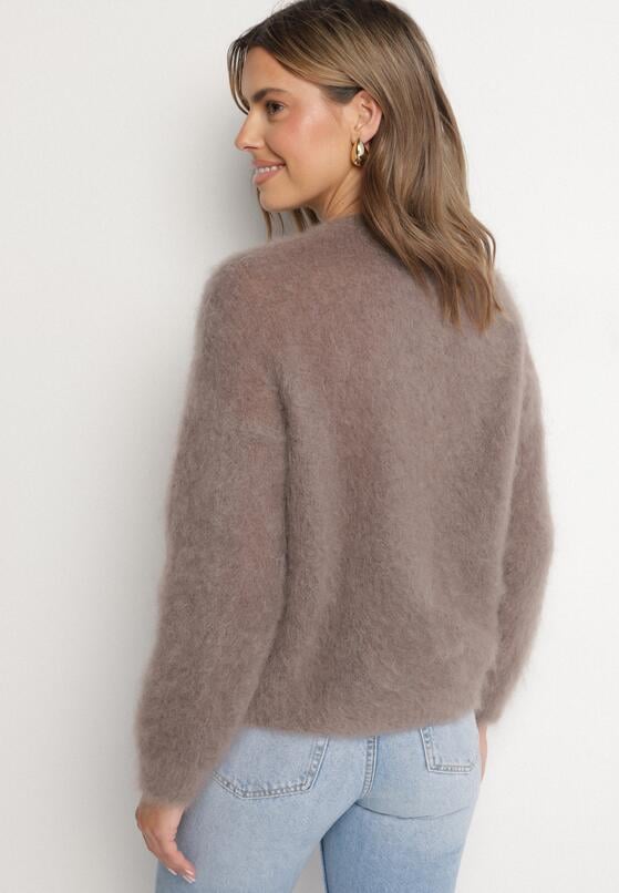 Beżowy Moherowy Kardigan o Klasycznym Kroju Korenno 3