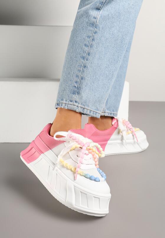 Różowo-Białe Sneakersy na Grubej Podeszwie z Ozdobnymi Sznurówkami Ardisse 2
