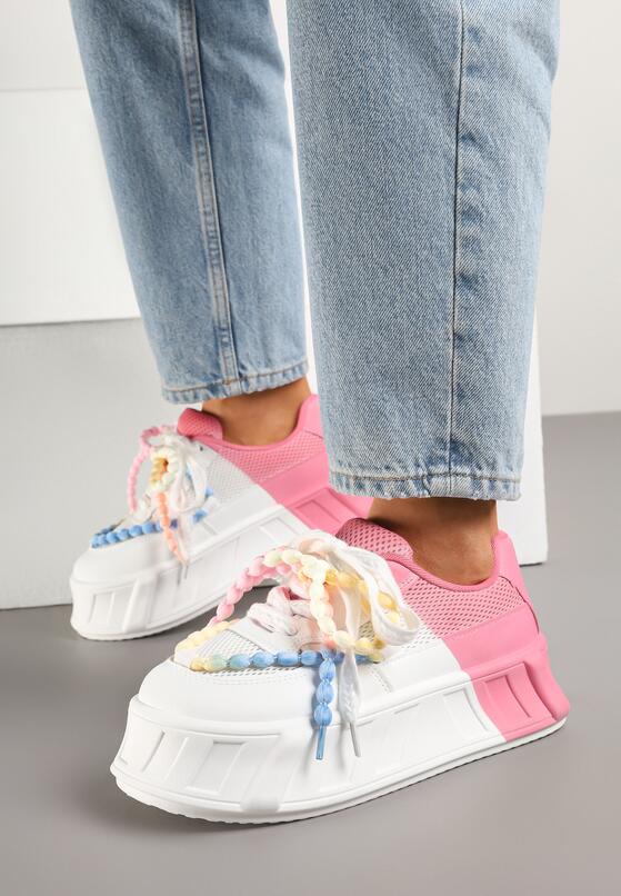 Różowo-Białe Sneakersy na Grubej Podeszwie z Ozdobnymi Sznurówkami Ardisse 1