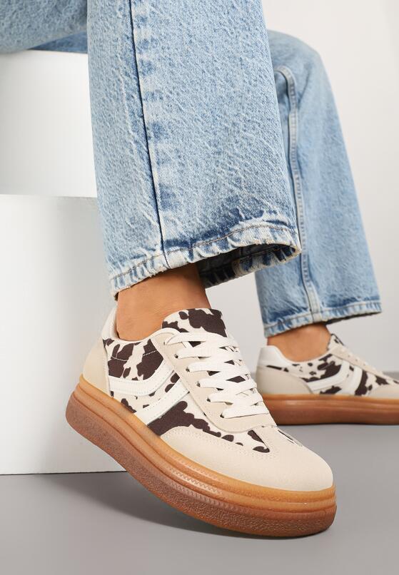 Beżowo-Brązowe Sneakersy w Stylu Tenisówek w Łaty Polella 2