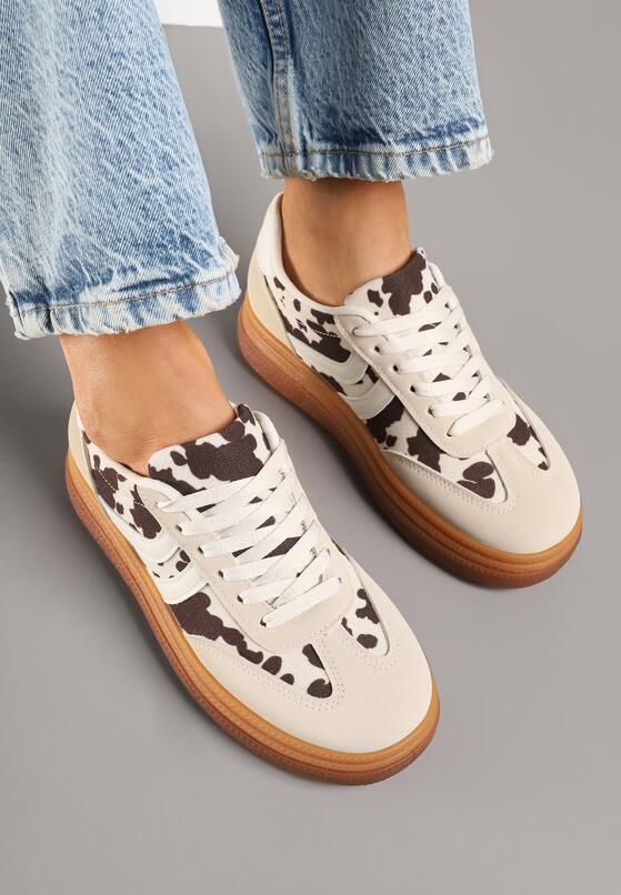 Beżowo-Brązowe Sneakersy w Stylu Tenisówek w Łaty Polella 3