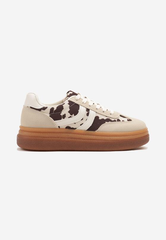 Beżowo-Brązowe Sneakersy w Stylu Tenisówek w Łaty Polella 4