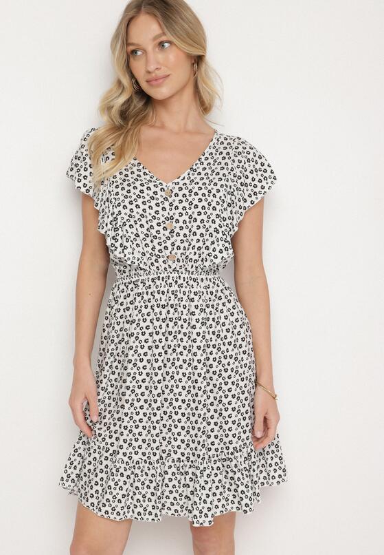 Biała Rozkloszowana Bawełniana Sukienka na Ramiączkach z Falbanami Tesly 1