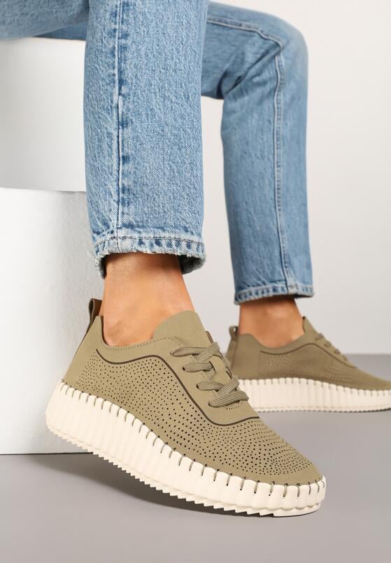Ciemnobeżowe Ażurowe Sneakersy na Grubej Podeszwie z Tłoczeniem Ronele 2