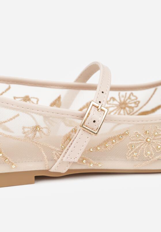 Beżowe Balerinki z Siateczki Ozdobione Haftami ze Sprzączką Divalen 10