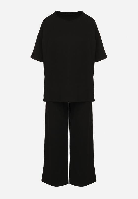 Czarny Bawełniany Komplet Szerokie Spodnie i T-shirt z Rozcięciami Norpio 6