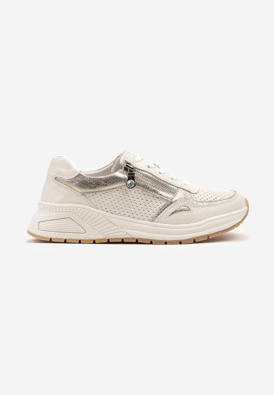 Beżowe Sneakersy ze Skóry Naturalnej Zdobione Perforacją i Suwakiem Amivessa 4