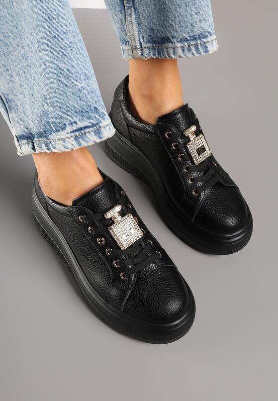 Czarne Skórzane Sneakersy na Grubej Podeszwie z Metaliczną Ozdobą Falenna 3