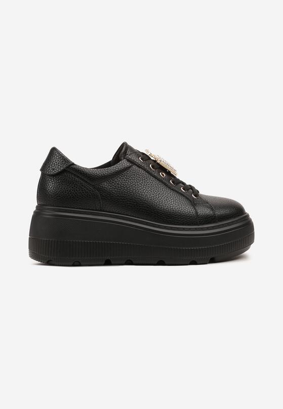 Czarne Skórzane Sneakersy na Grubej Podeszwie z Metaliczną Ozdobą Falenna 4