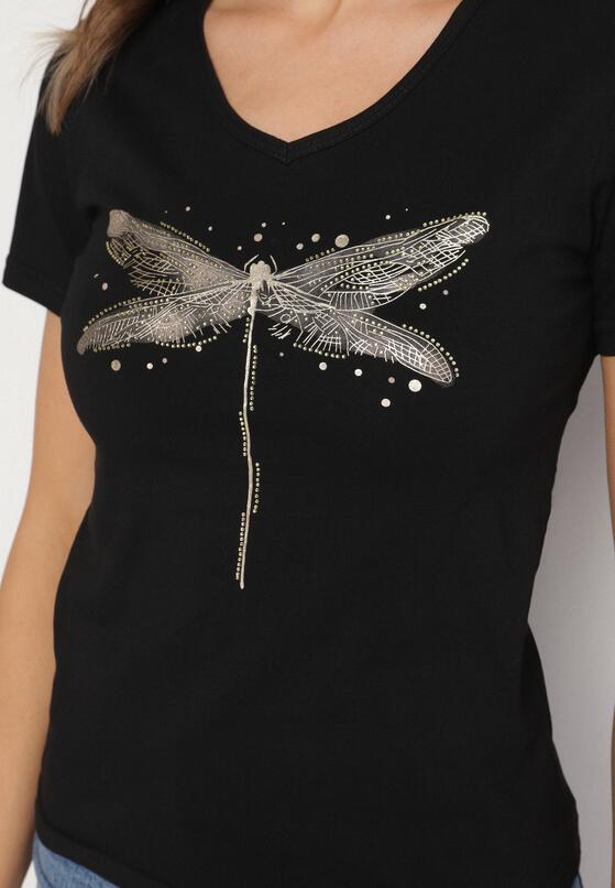 Czarny Bawełniany T-shirt z Motywem Ważki i Cyrkoniami Ulimira 5
