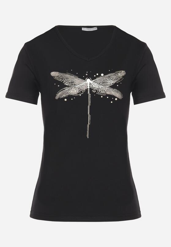 Czarny Bawełniany T-shirt z Motywem Ważki i Cyrkoniami Ulimira 6