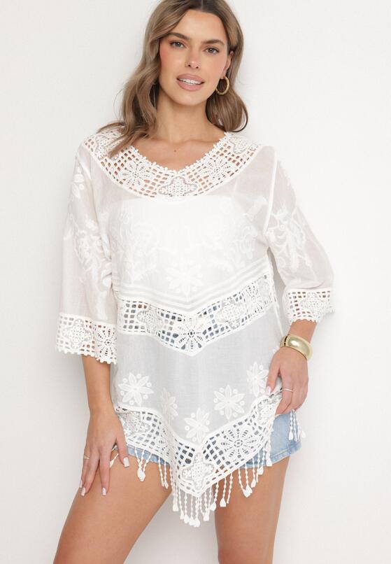 Biała Bawełniana Bluzka Oversize w Stylu Boho z Haftem i Koroną Maivienne 1
