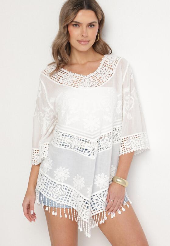 Biała Bawełniana Bluzka Oversize w Stylu Boho z Haftem i Koroną Maivienne 4