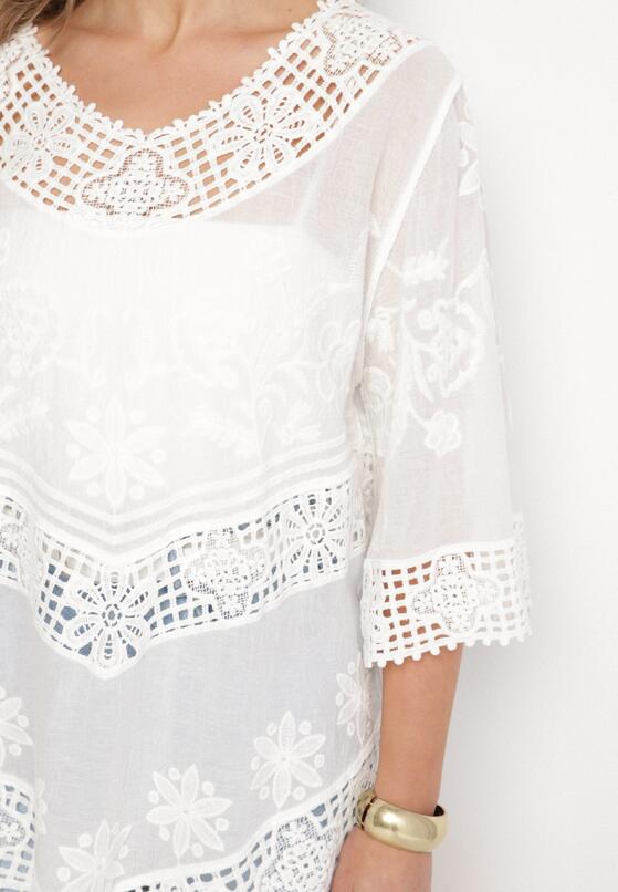 Biała Bawełniana Bluzka Oversize w Stylu Boho z Haftem i Koroną Maivienne 5