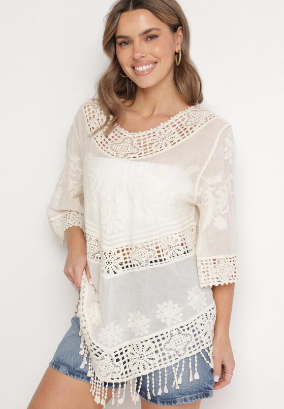 Jasnobeżowa Bawełniana Bluzka Oversize w Stylu Boho z Haftem i Koroną Maivienne 2