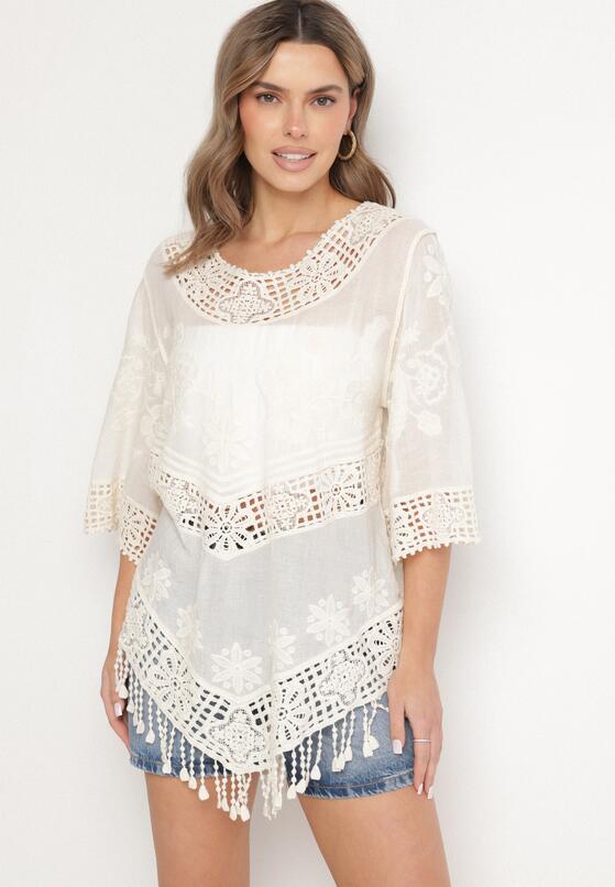 Jasnobeżowa Bawełniana Bluzka Oversize w Stylu Boho z Haftem i Koroną Maivienne 4