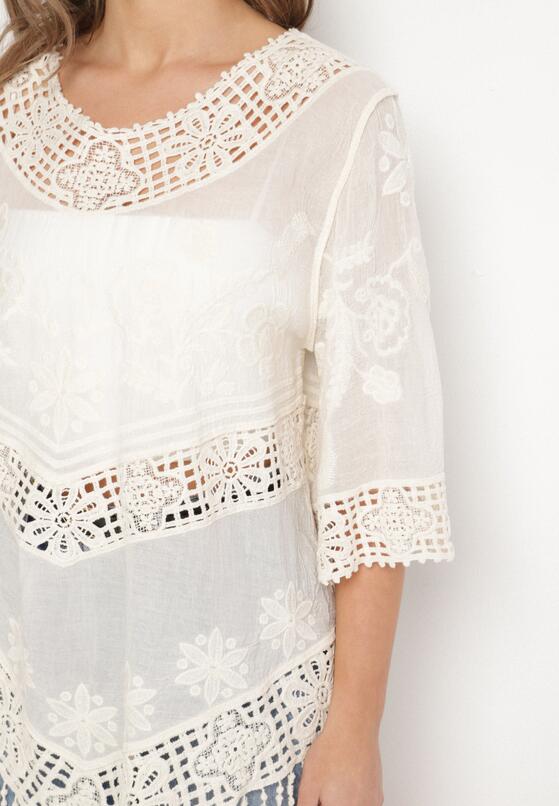 Jasnobeżowa Bawełniana Bluzka Oversize w Stylu Boho z Haftem i Koroną Maivienne 5