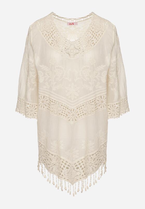 Jasnobeżowa Bawełniana Bluzka Oversize w Stylu Boho z Haftem i Koroną Maivienne 6