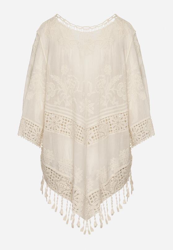 Jasnobeżowa Bawełniana Bluzka Oversize w Stylu Boho z Haftem i Koroną Maivienne 7
