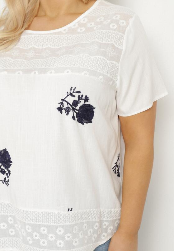 Biały T-shirt Bluzka z Krótkim Rękawem z Ozdobnym Haftem Tesgia 5