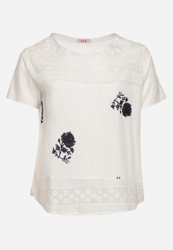 Biały T-shirt Bluzka z Krótkim Rękawem z Ozdobnym Haftem Tesgia 6