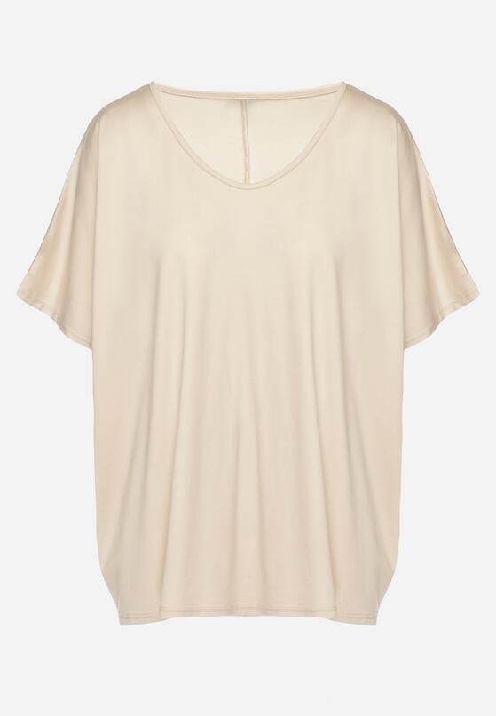 Beżowy T-shirt z Wiskozą o Kroju Nietoperza Liosma 6