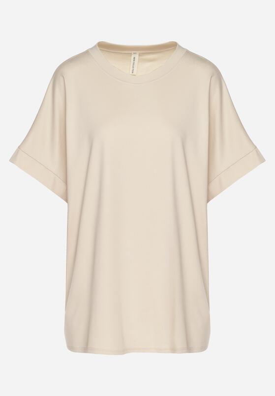Beżowy T-shirt z Wiskozą o Kroju Nietoperza Tanariona 6
