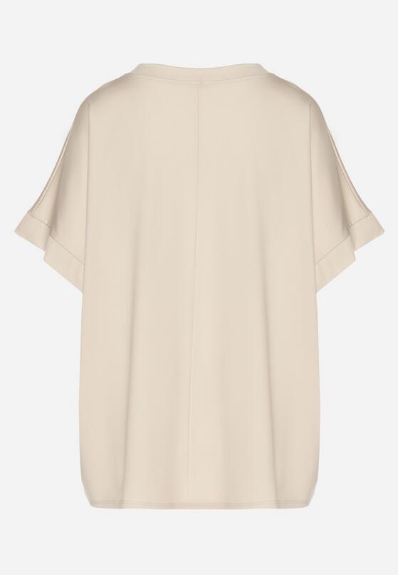 Beżowy T-shirt z Wiskozą o Kroju Nietoperza Tanariona 7