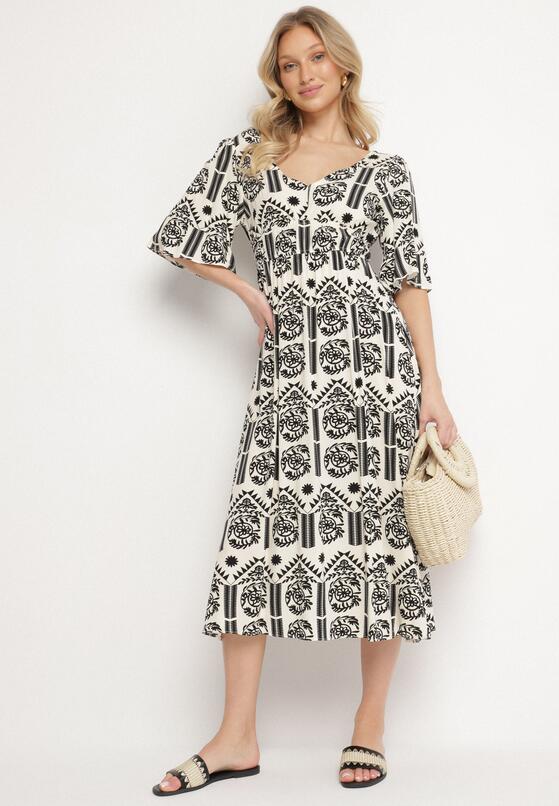 Czarno-Kremowa Sukienka Wiskozowa Rozkloszowana z Odkrytymi Plecami w Print Boho Turaisa 2