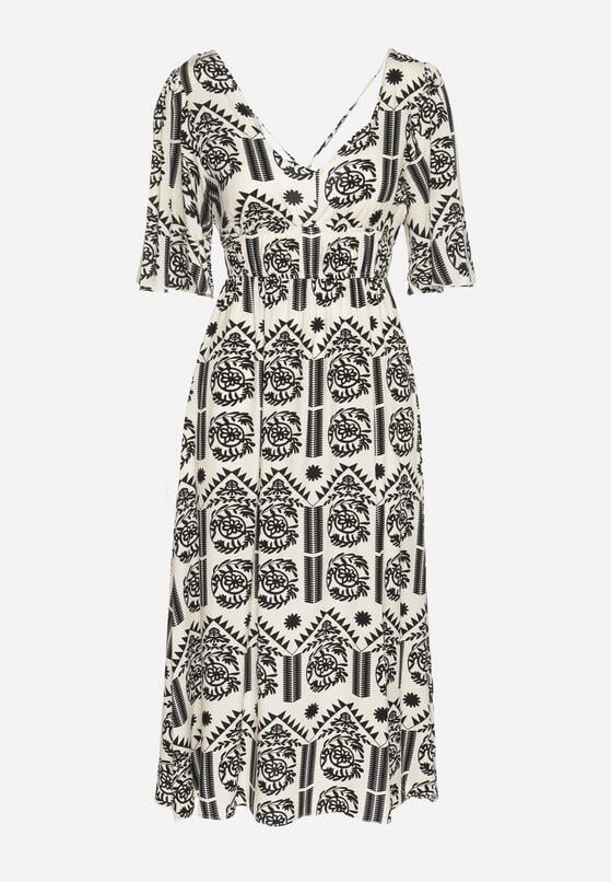 Czarno-Kremowa Sukienka Wiskozowa Rozkloszowana z Odkrytymi Plecami w Print Boho Turaisa 6