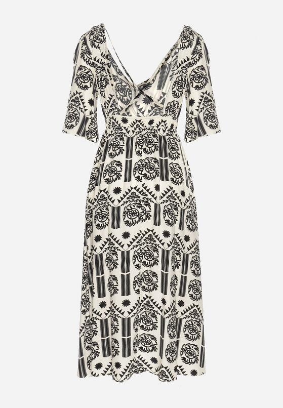 Czarno-Kremowa Sukienka Wiskozowa Rozkloszowana z Odkrytymi Plecami w Print Boho Turaisa 7