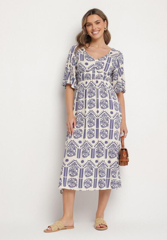 Niebiesko-Kremowa Sukienka Wiskozowa Rozkloszowana z Odkrytymi Plecami w Print Boho Turaisa 2