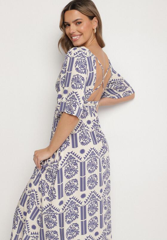 Niebiesko-Kremowa Sukienka Wiskozowa Rozkloszowana z Odkrytymi Plecami w Print Boho Turaisa 4