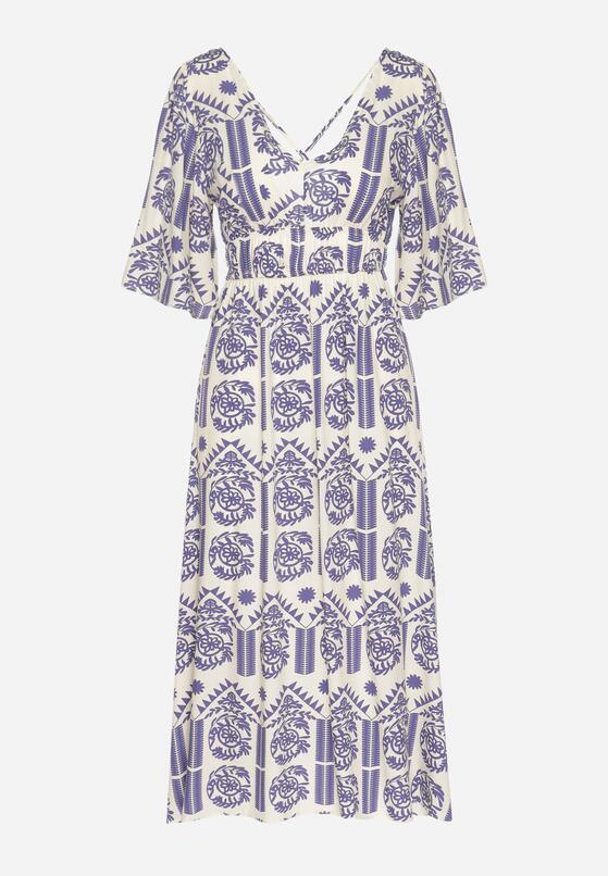 Niebiesko-Kremowa Sukienka Wiskozowa Rozkloszowana z Odkrytymi Plecami w Print Boho Turaisa 6