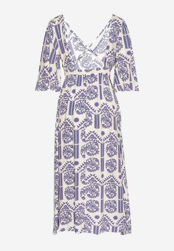 Niebiesko-Kremowa Sukienka Wiskozowa Rozkloszowana z Odkrytymi Plecami w Print Boho Turaisa 7