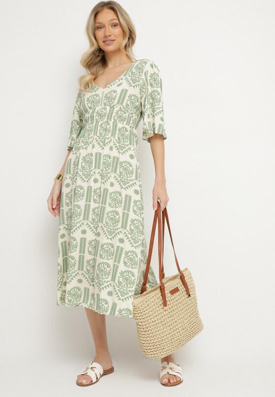 Zielono-Kremowa Sukienka Wiskozowa Rozkloszowana z Odkrytymi Plecami w Print Boho Turaisa 2